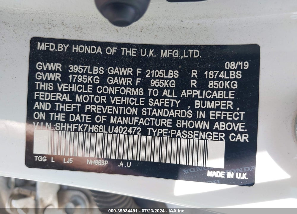 2020 HONDA CIVIC EX VIN: SHHFK7H68LU402472