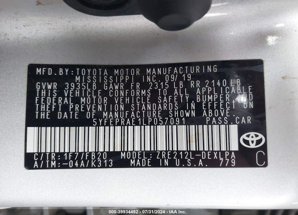 2020 TOYOTA COROLLA VIN: 5YFEPRAE1LP057091