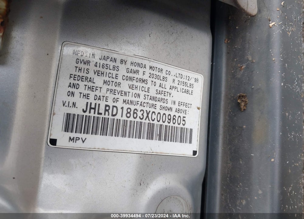 1999 HONDA CR-V EX VIN: JHLRD1863XC009605