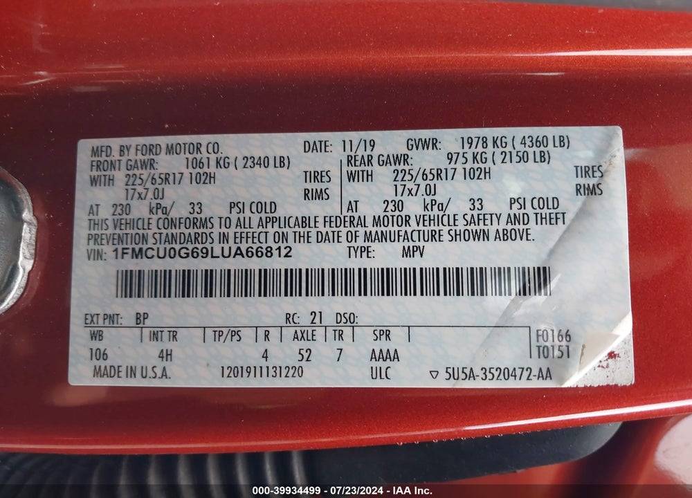 2020 FORD ESCAPE SE VIN: 1FMCU0G69LUA66812