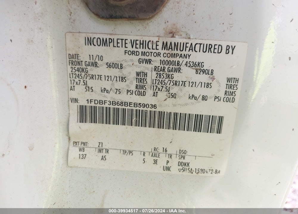 2011 FORD F-350 XL VIN: 1FDBF3B68BEB59036