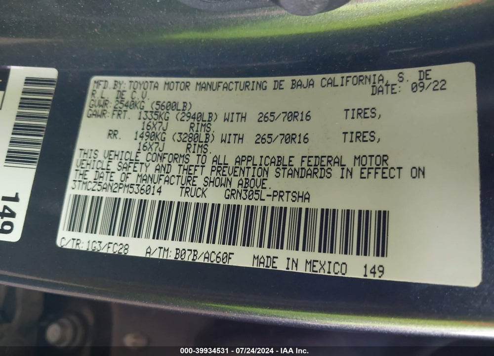 2023 TOYOTA TACOMA TRAIL EDITION VIN: 3TMCZ5AN2PM536014