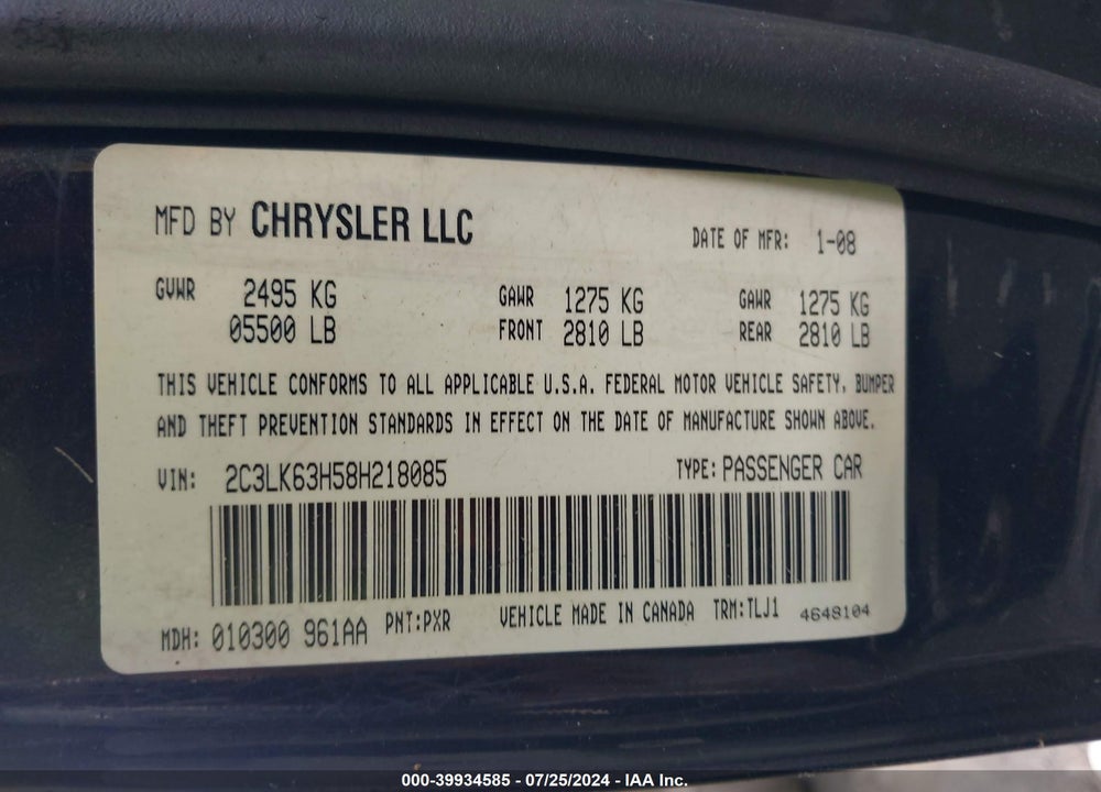 2008 CHRYSLER 300C VIN: 2C3LK63H58H218085