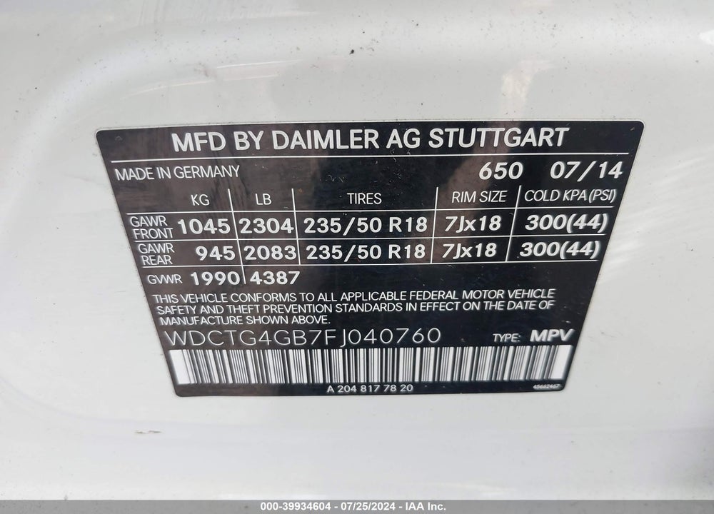 2015 MERCEDES-BENZ GLA 250 4MATIC VIN: WDCTG4GB7FJ040760