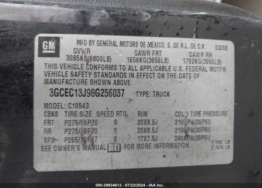 2008 CHEVROLET SILVERADO 1500 LT1 VIN: 3GCEC13J98G256037