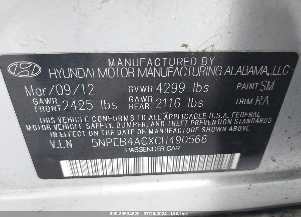 2012 HYUNDAI SONATA GLS VIN: 5NPEB4ACXCH490566