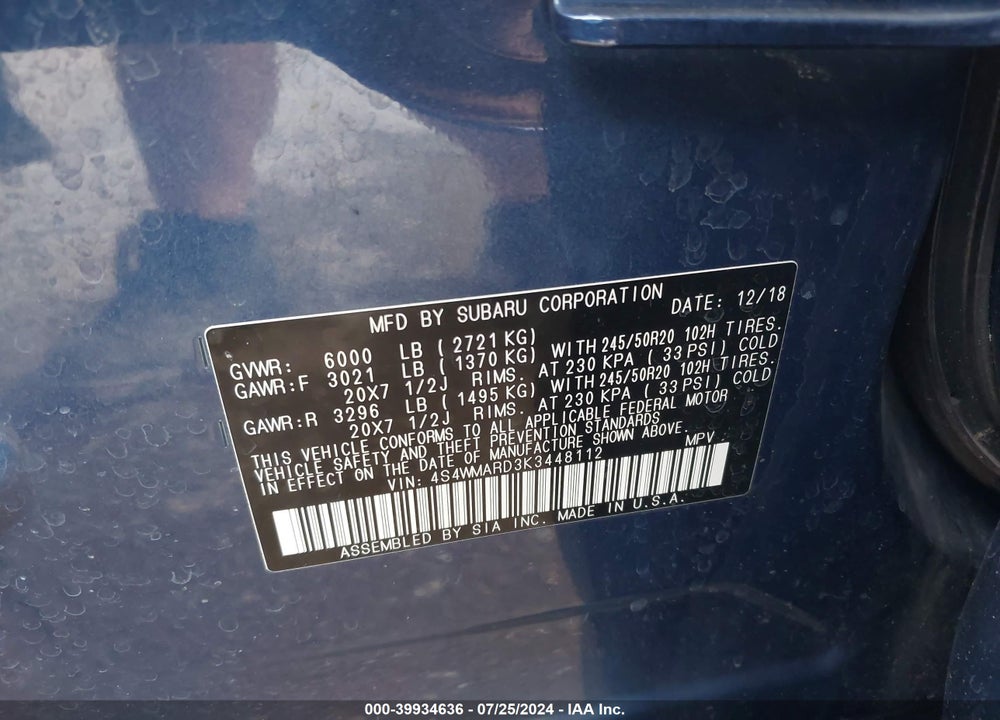 2019 SUBARU ASCENT TOURING VIN: 4S4WMARD3K3448112