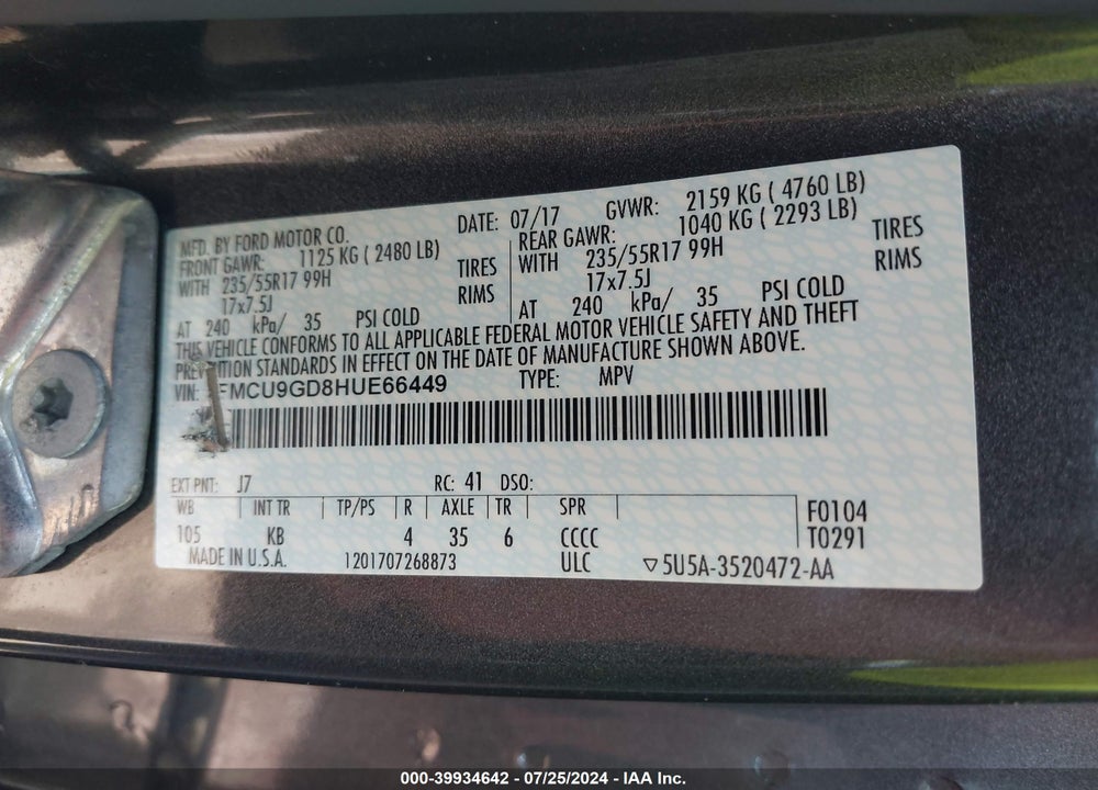 2017 FORD ESCAPE VIN: 1FMCU9GD8HUE66449
