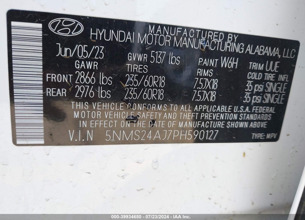 2023 HYUNDAI SANTA FE SEL VIN: 5NMS24AJ7PH590127