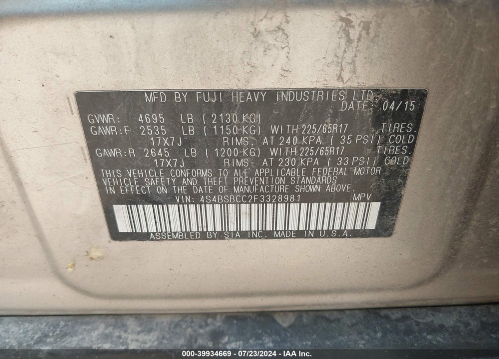2015 SUBARU OUTBACK 2.5I PREMIUM VIN: 4S4BSBCC2F3328981