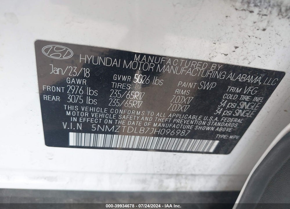 2018 HYUNDAI SANTA FE SPORT VIN: 5NMZTDLB7JH096987