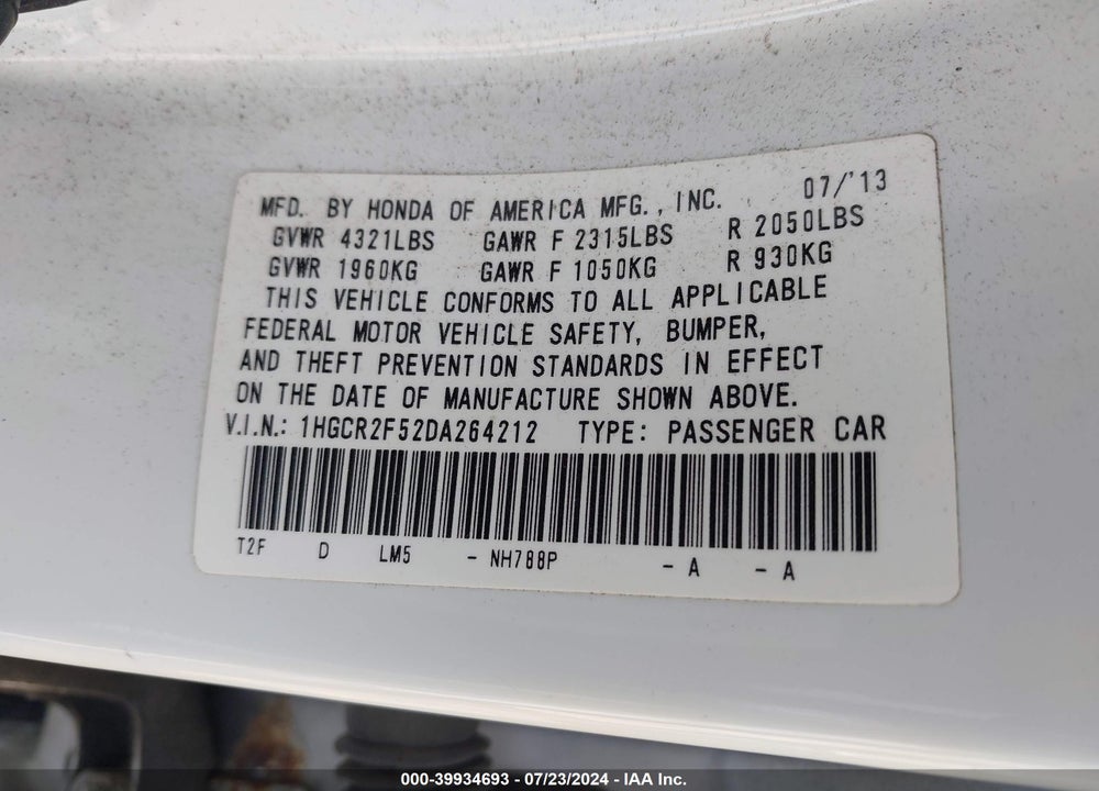 2013 HONDA ACCORD SPORT VIN: 1HGCR2F52DA264212