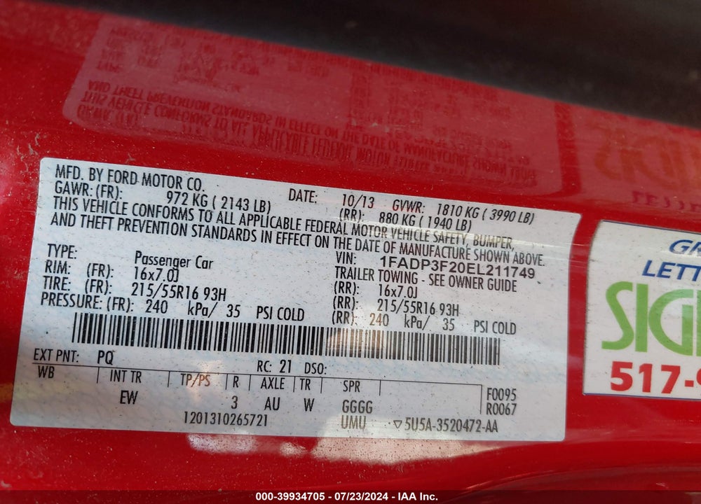 2014 FORD FOCUS SE VIN: 1FADP3F20EL211749