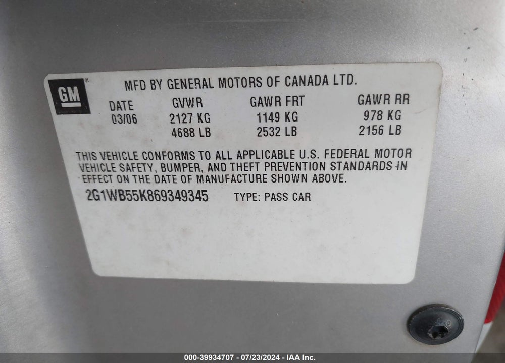 2006 CHEVROLET IMPALA LS VIN: 2G1WB55K869349345