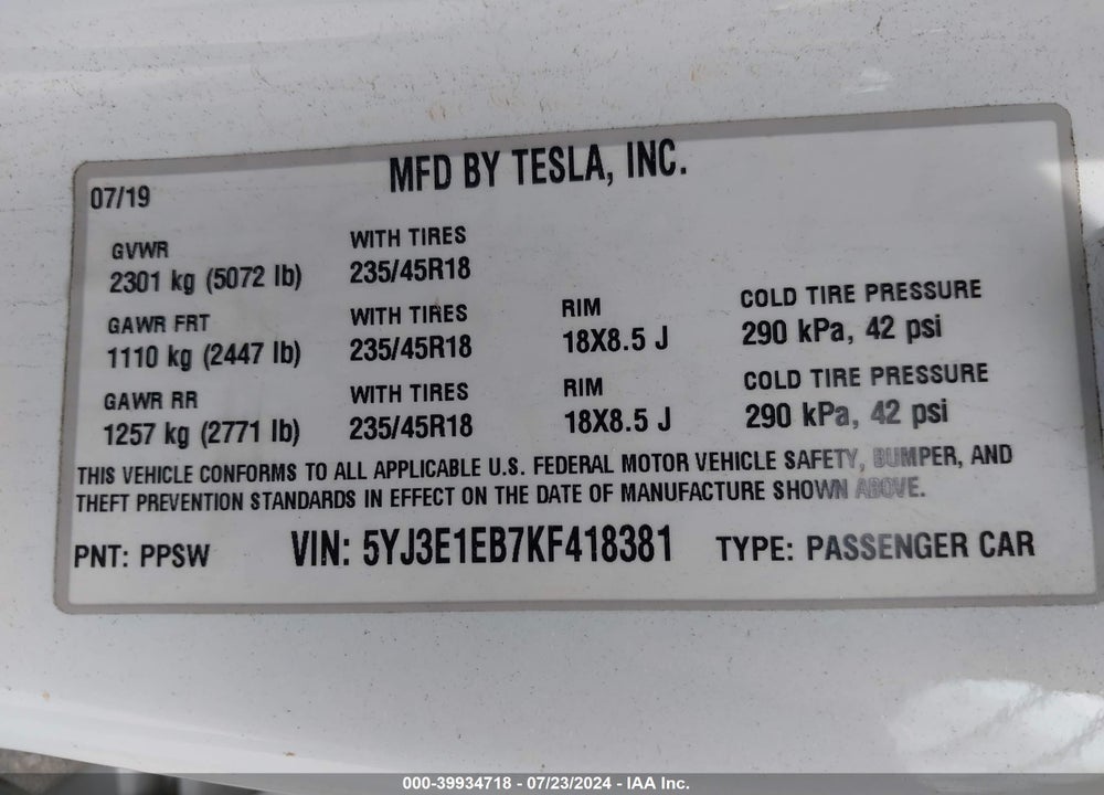 2019 TESLA MODEL 3 LONG RANGE/PERFORMANCE VIN: 5YJ3E1EB7KF418381