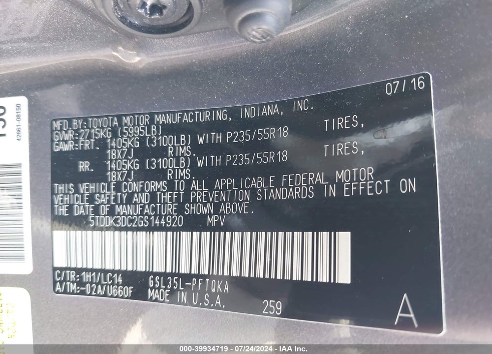 2016 TOYOTA SIENNA XLE 7 PASSENGER VIN: 5TDDK3DC2GS144920