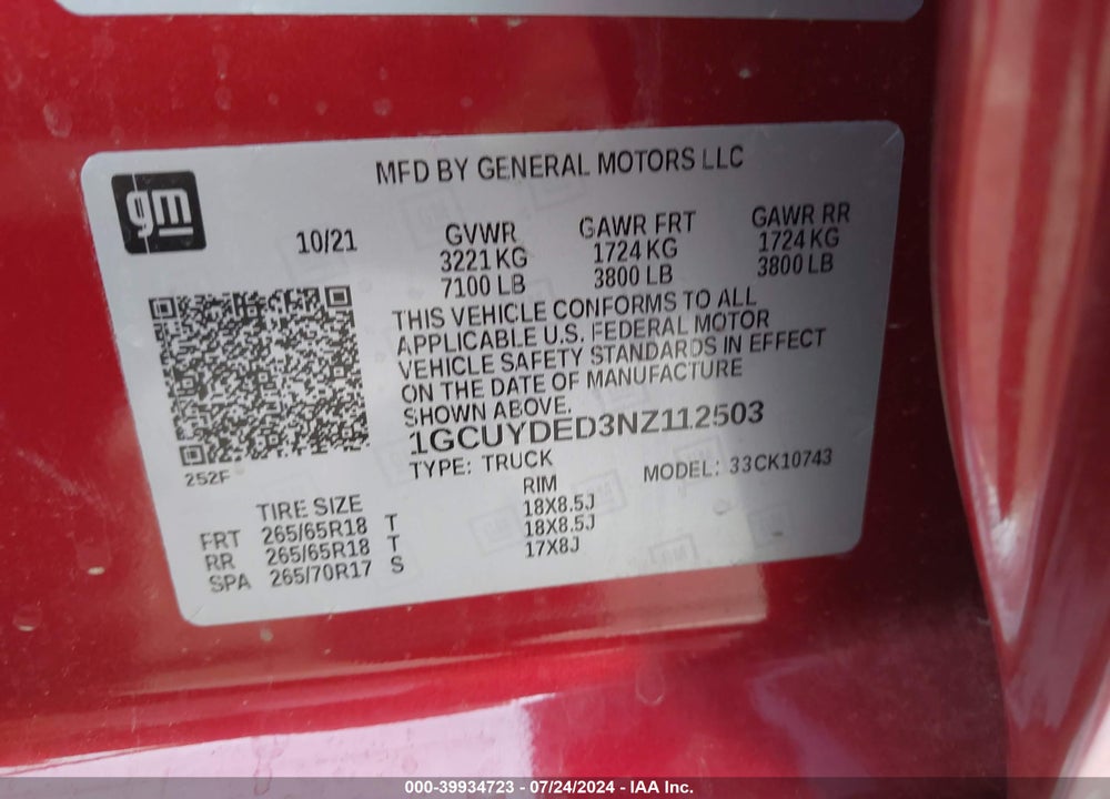 2022 CHEVROLET SILVERADO 1500 LTD 4WD STANDARD BED LT VIN: 1GCUYDED3NZ112503