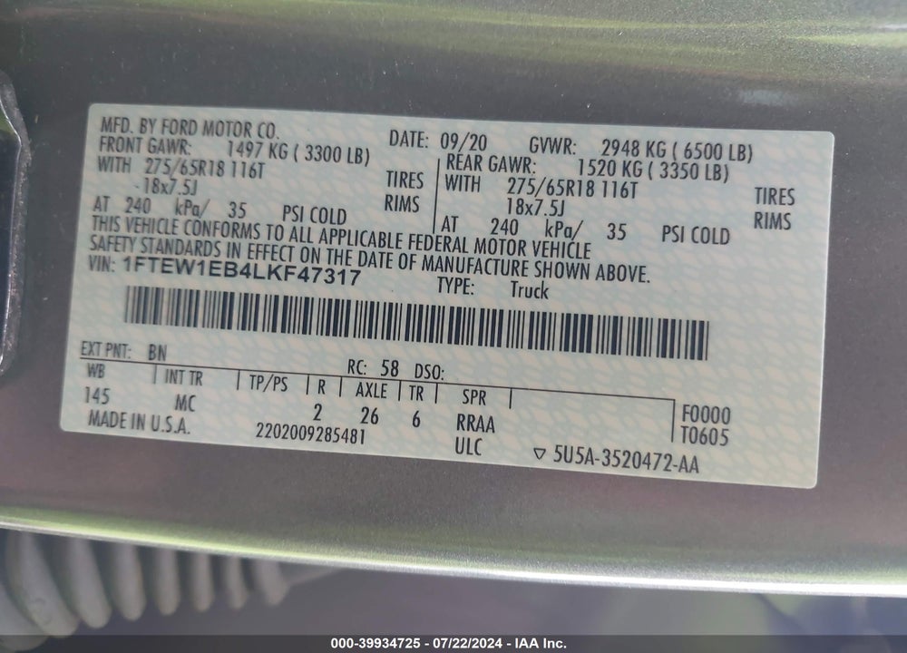2020 FORD F-150 XLT VIN: 1FTEW1EB4LKF47317