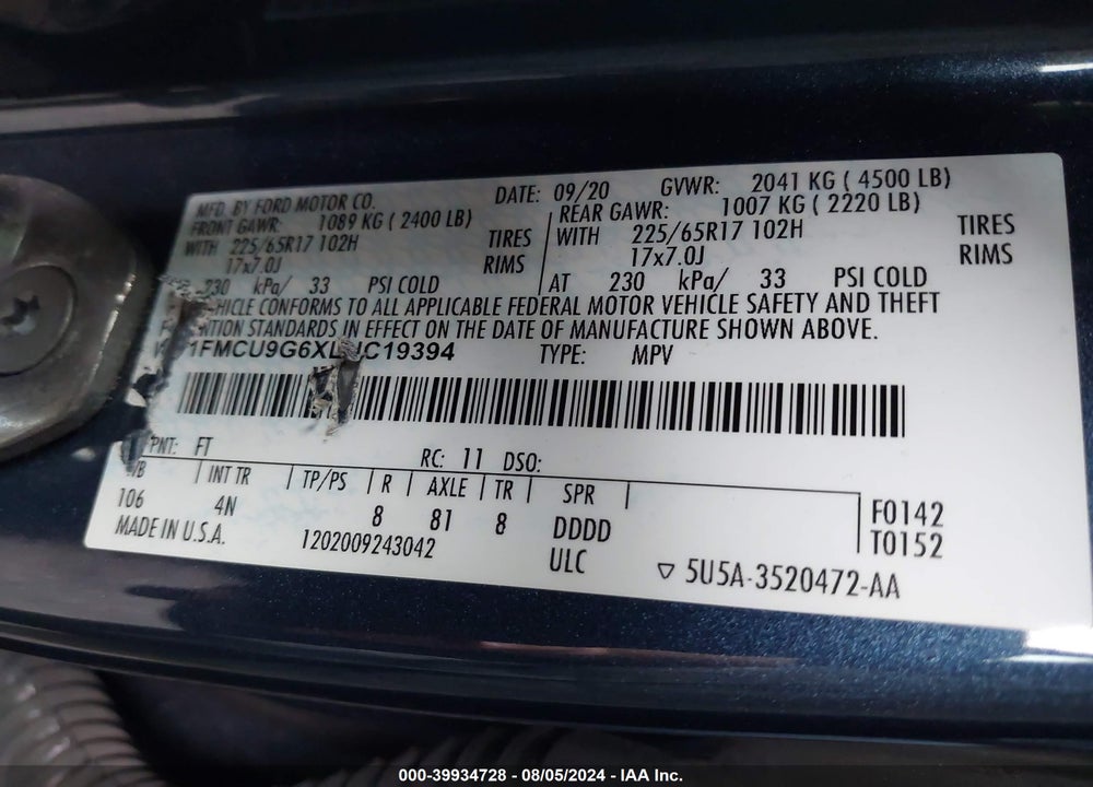 2020 FORD ESCAPE VIN: 1FMCU9G6XLUC19394