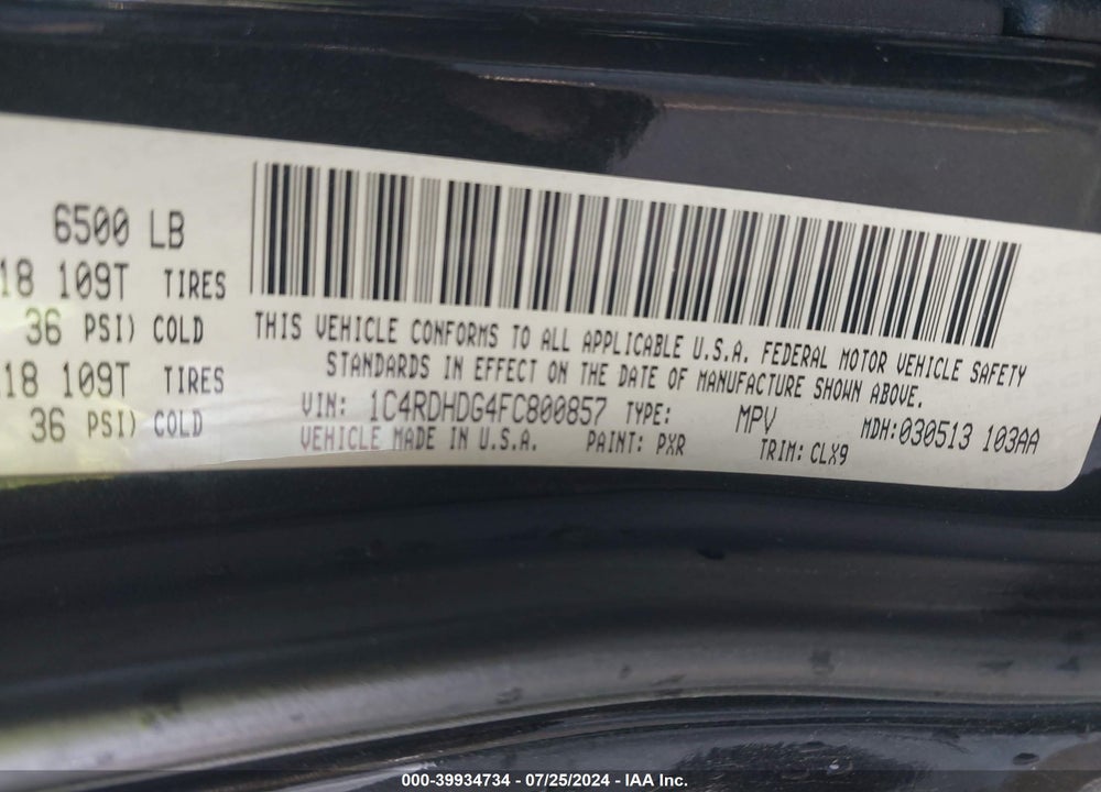 2015 DODGE DURANGO LIMITED VIN: 1C4RDHDG4FC800857