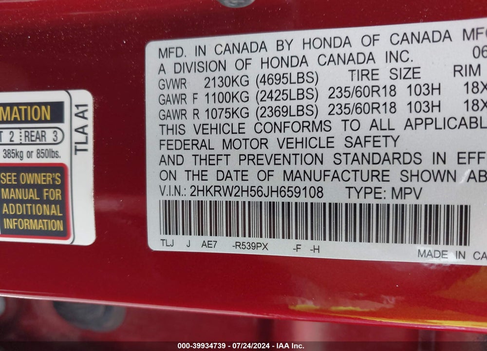 2018 HONDA CR-V EX VIN: 2HKRW2H56JH659108