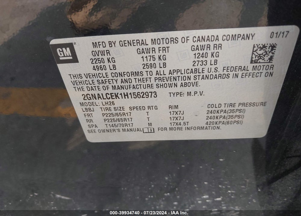 2017 CHEVROLET EQUINOX LT VIN: 2GNALCEK1H1562973
