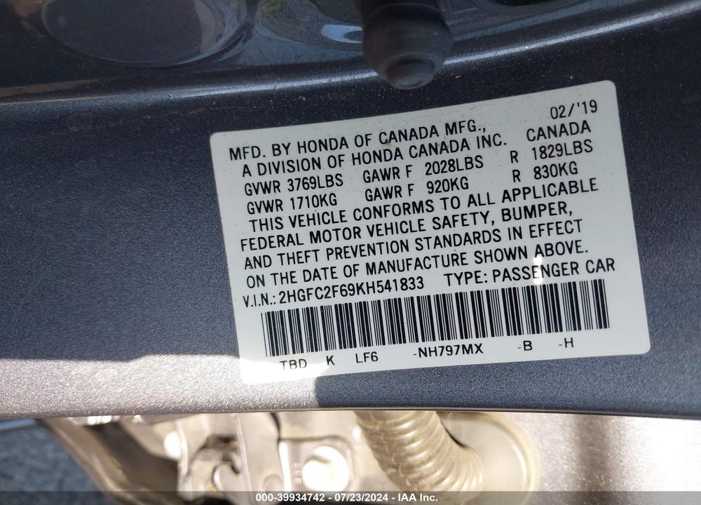 2019 HONDA CIVIC LX VIN: 2HGFC2F69KH541833