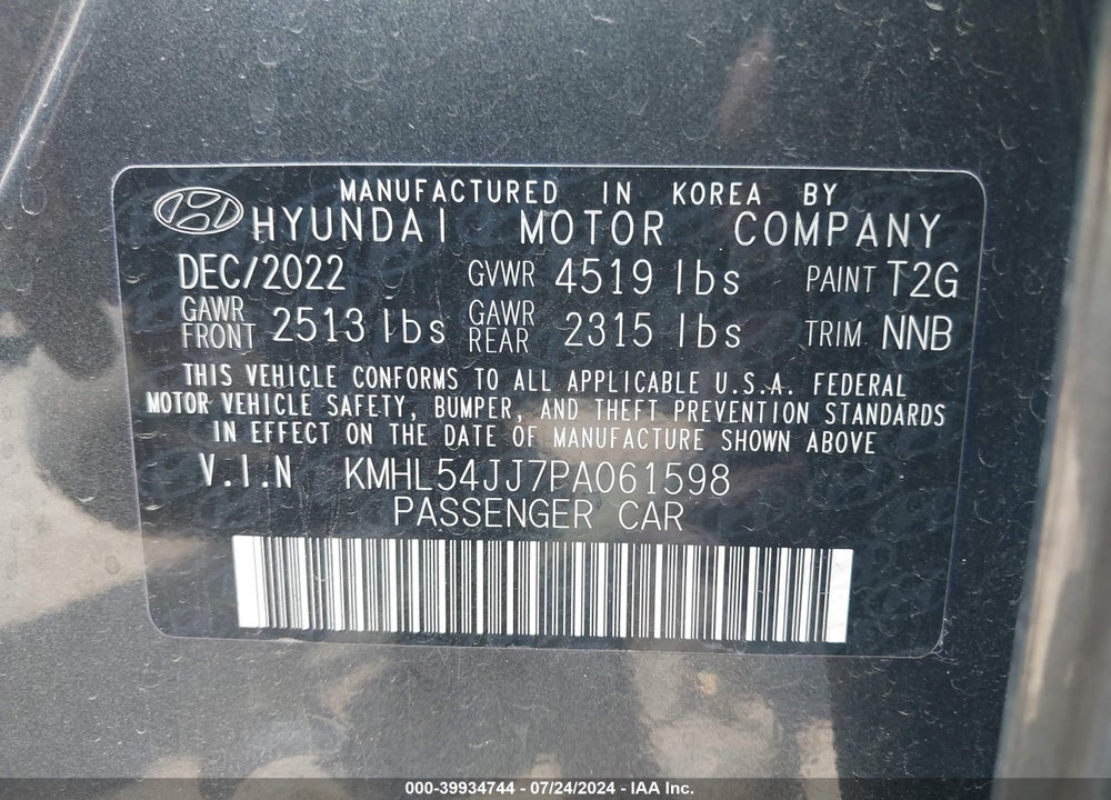 2023 HYUNDAI SONATA HYBRID LIMITED VIN: KMHL54JJ7PA061598