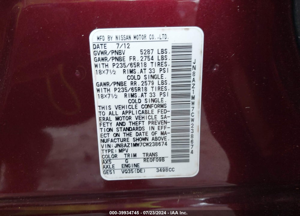 2012 NISSAN MURANO S VIN: JN8AZ1MW7CW238674
