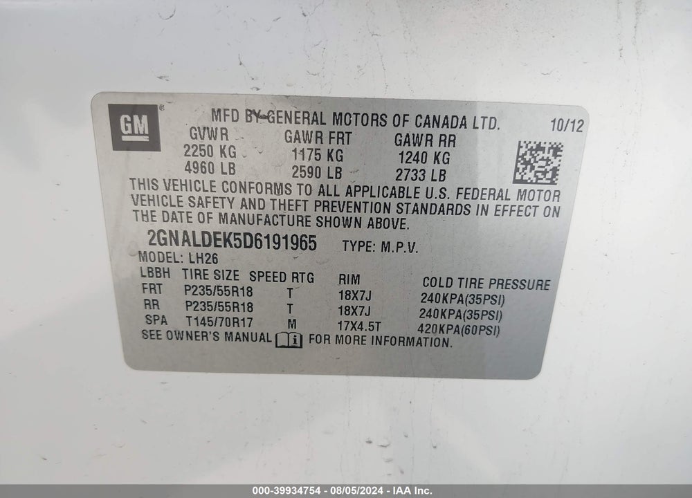 2013 CHEVROLET EQUINOX 1LT VIN: 2GNALDEK5D6191965