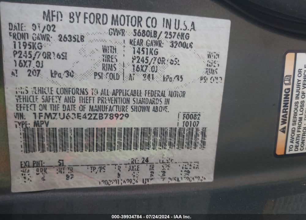 2002 FORD EXPLORER XLT VIN: 1FMZU63E42ZB78929