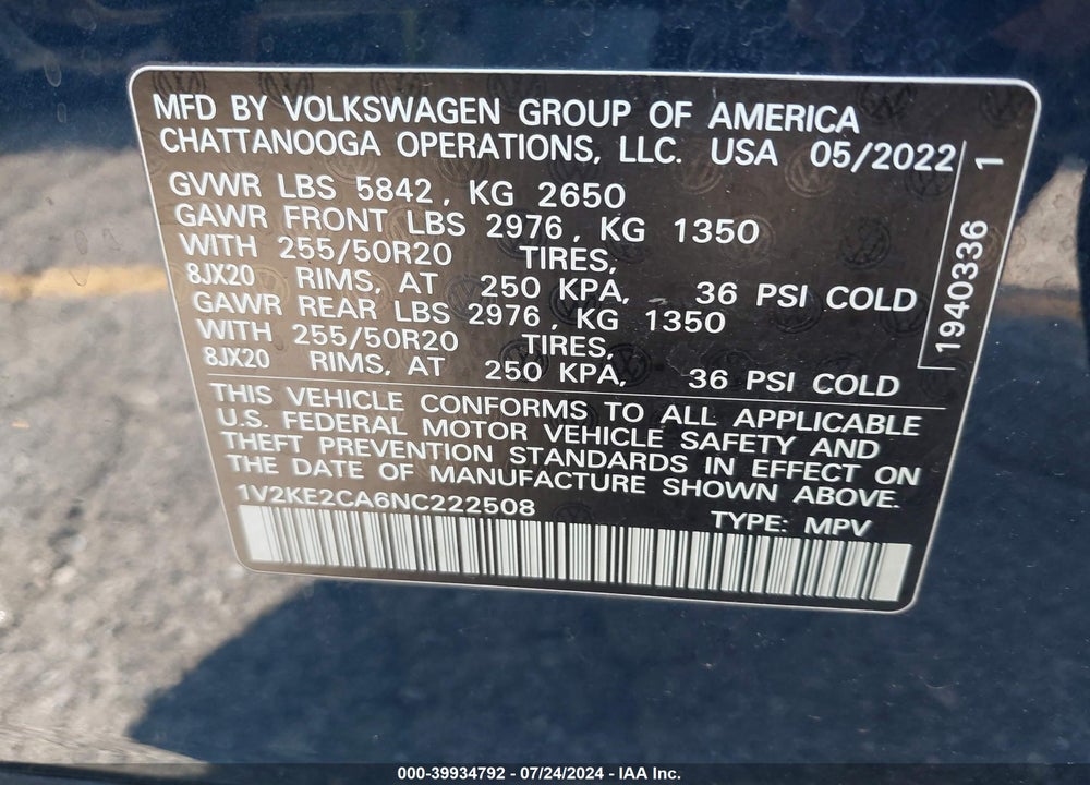 2022 VOLKSWAGEN ATLAS CROSS SPORT 3.6L V6 SE W/TECHNOLOGY VIN: 1V2KE2CA6NC222508