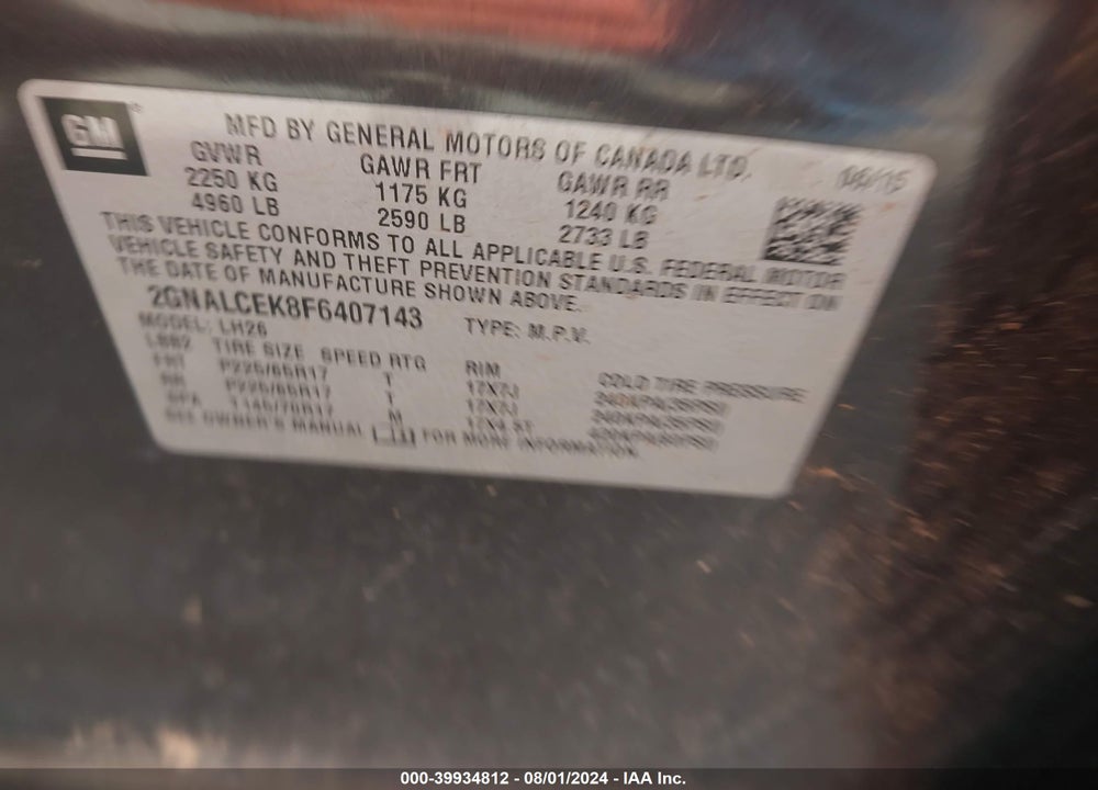 2015 CHEVROLET EQUINOX 2LT VIN: 2GNALCEK8F6407143