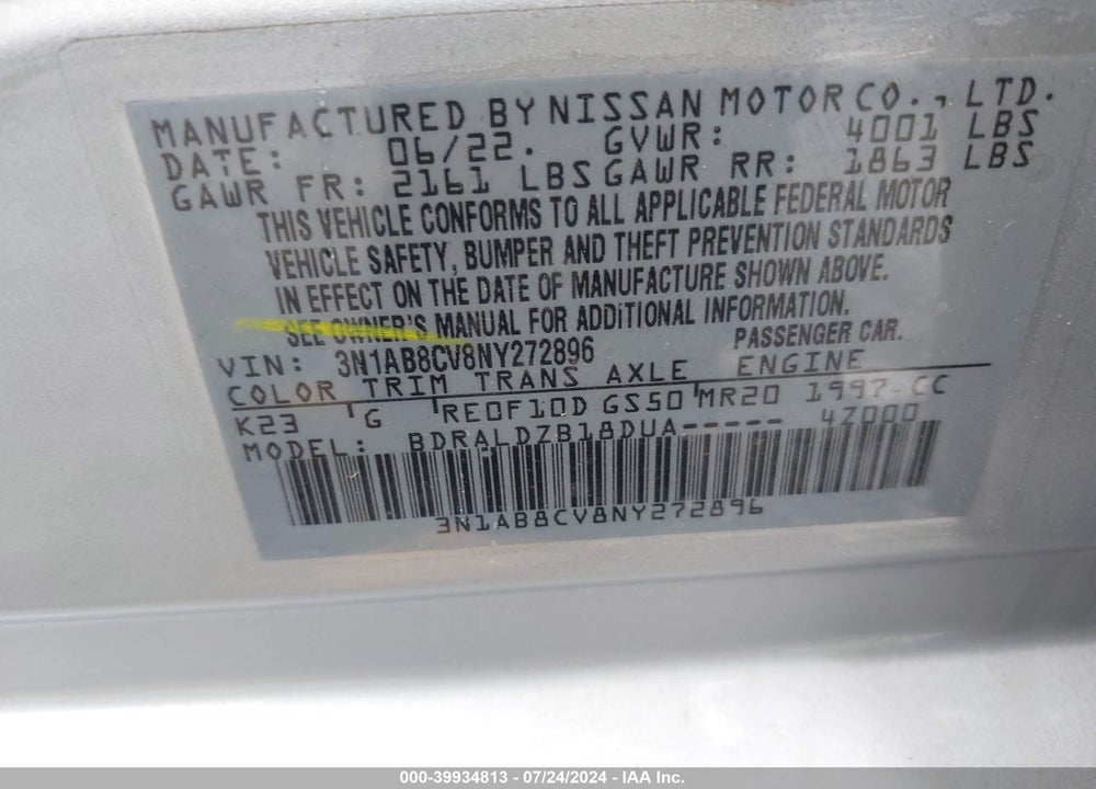 2022 NISSAN SENTRA SV XTRONIC CVT VIN: 3N1AB8CV8NY272896