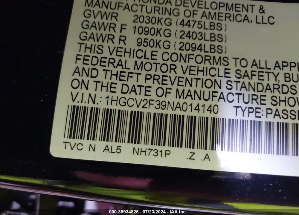 2022 HONDA ACCORD SPORT 2.0T VIN: 1HGCV2F39NA014140