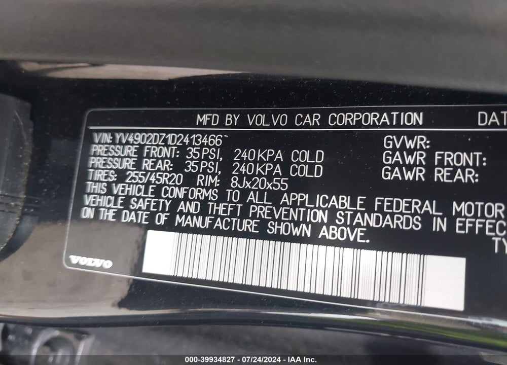 2013 VOLVO XC60 T6/T6 PLATINUM/T6 PREMIER PLUS/T6 R-DESIGN/T6 R-DESIGN PLATINUM/T6 R-DESIGN PREMIER PLUS VIN: YV4902DZ1D2413466