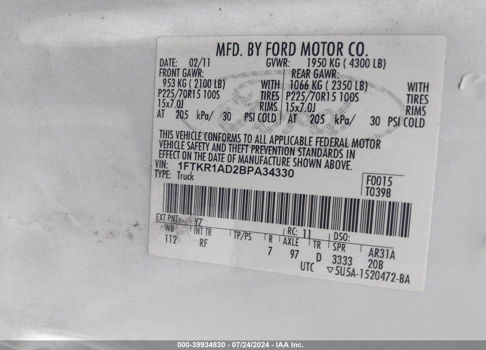 2011 FORD RANGER XL VIN: 1FTKR1AD2BPA34330