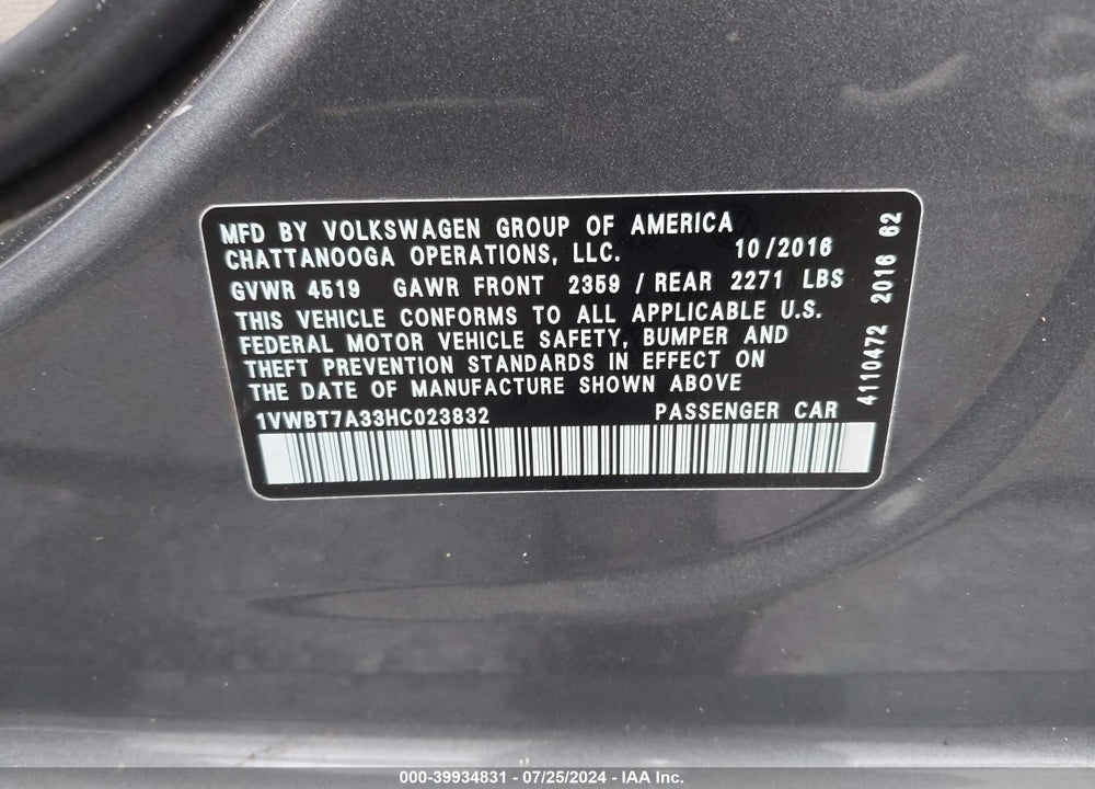 2017 VOLKSWAGEN PASSAT 1.8T SE VIN: 1VWBT7A33HC023832