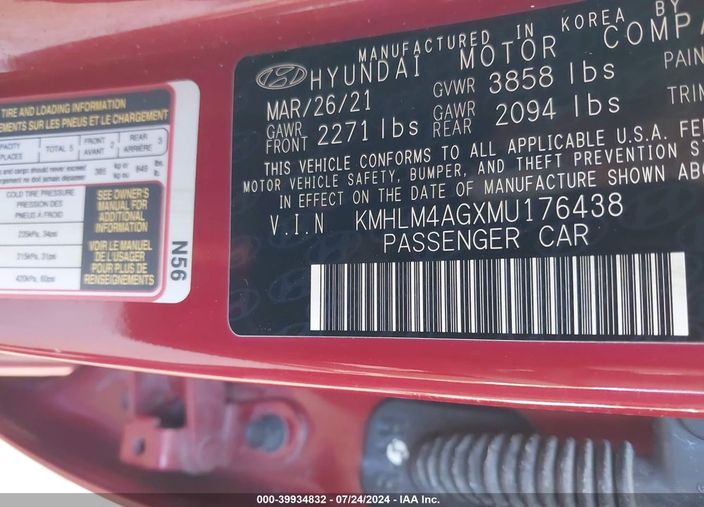2021 HYUNDAI ELANTRA SEL VIN: KMHLM4AGXMU176438