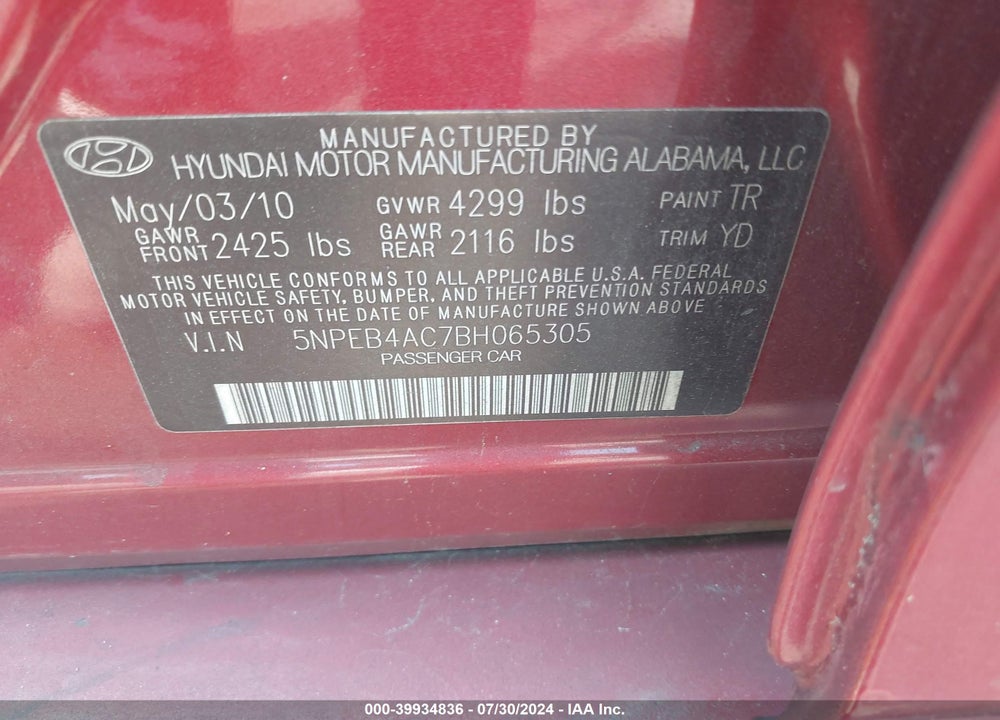 2011 HYUNDAI SONATA GLS VIN: 5NPEB4AC7BH065305