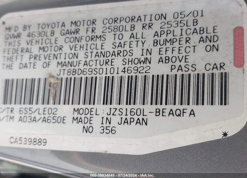 2001 LEXUS GS 300 VIN: JT8BD69S010146922