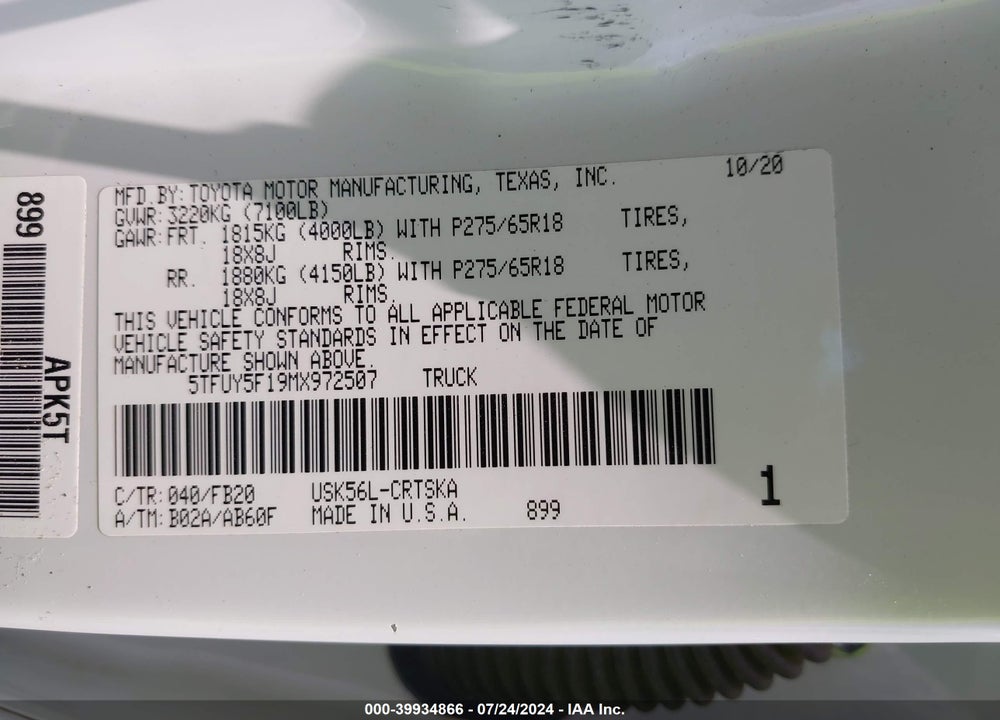 2021 TOYOTA TUNDRA SR5 VIN: 5TFUY5F19MX972507