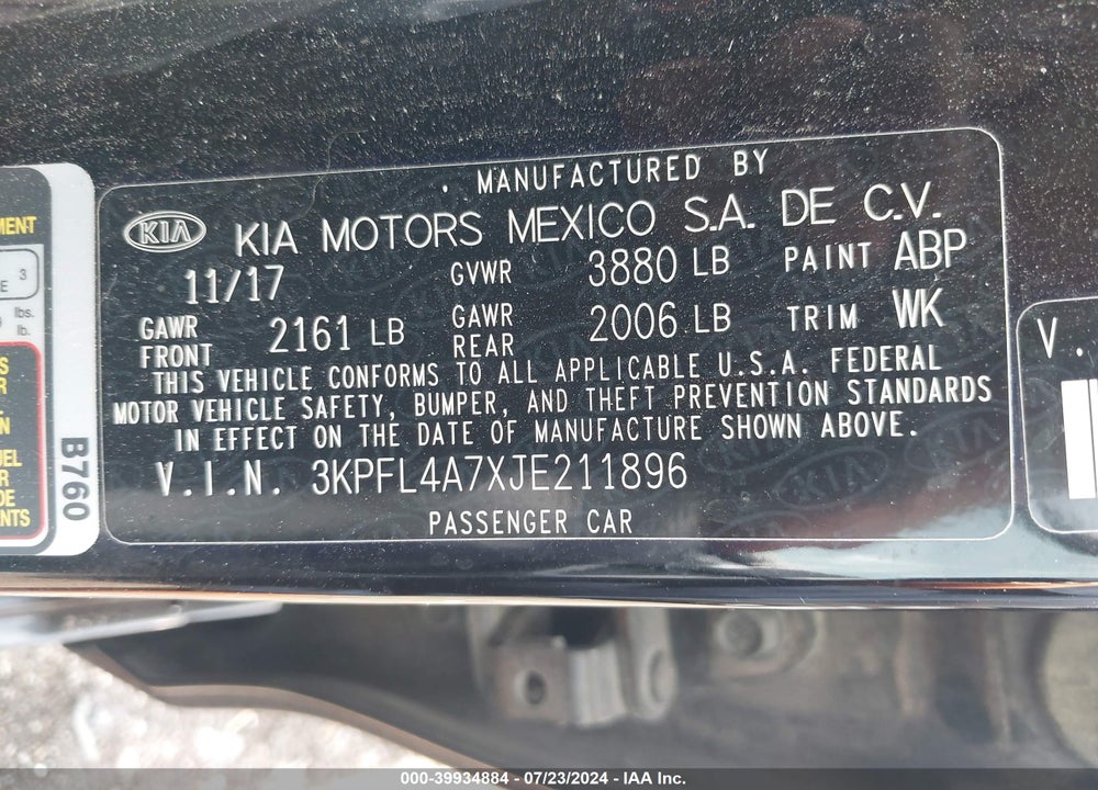 2018 KIA FORTE VIN: 3KPFL4A7XJE211896