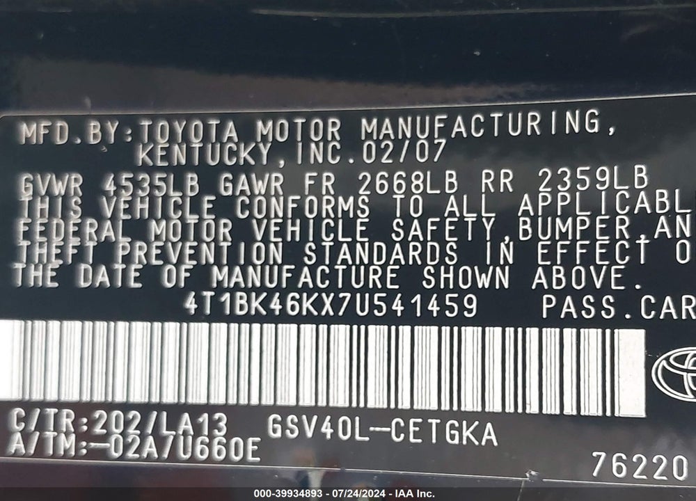 2007 TOYOTA CAMRY XLE V6 VIN: 4T1BK46KX7U541459