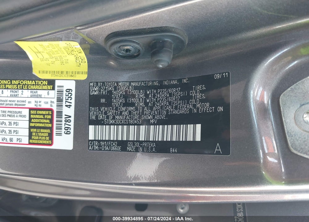 2012 TOYOTA SIENNA LE V6 8 PASSENGER VIN: 5TDKK3DCXCS180453