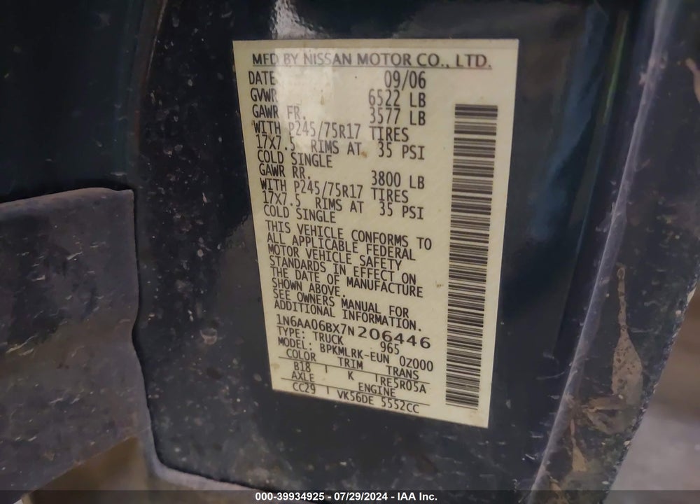 2007 NISSAN TITAN XE VIN: 1N6AA06BX7N206446