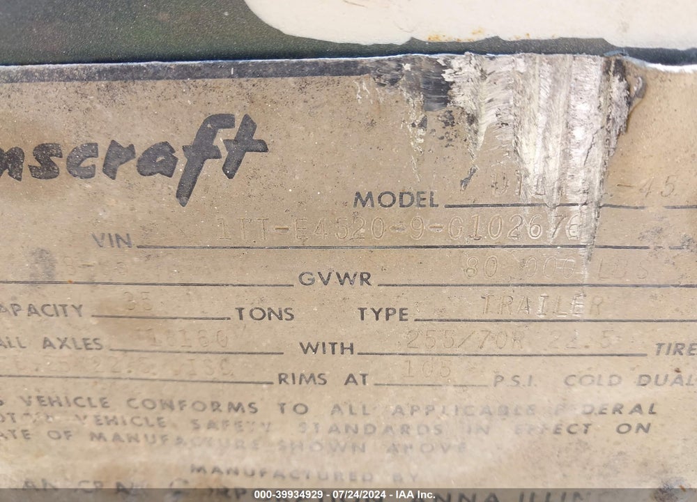 1986 TRANSCRAFT CORP TRAILER VIN: 1TTE45209G1026769