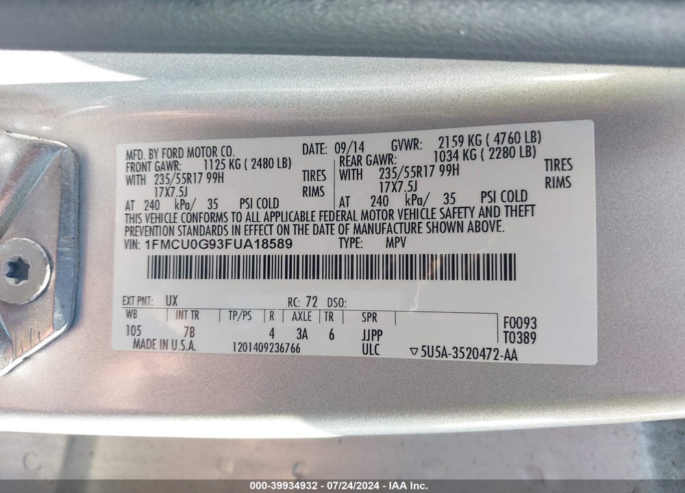 2015 FORD ESCAPE SE VIN: 1FMCU0G93FUA18589