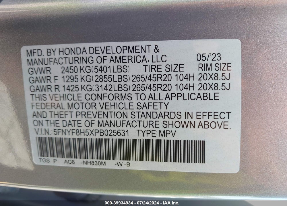 2023 HONDA PASSPORT AWD EX-L VIN: 5FNYF8H5XPB025631