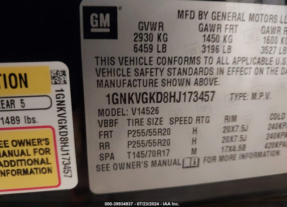 2017 CHEVROLET TRAVERSE 1LT VIN: 1GNKVGKD8HJ173457